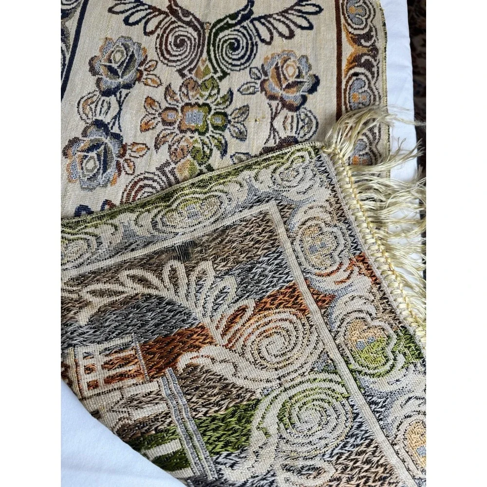 Vintage Woven Tapestry Table Runner Mosque Architecture Floral Fringed Cream